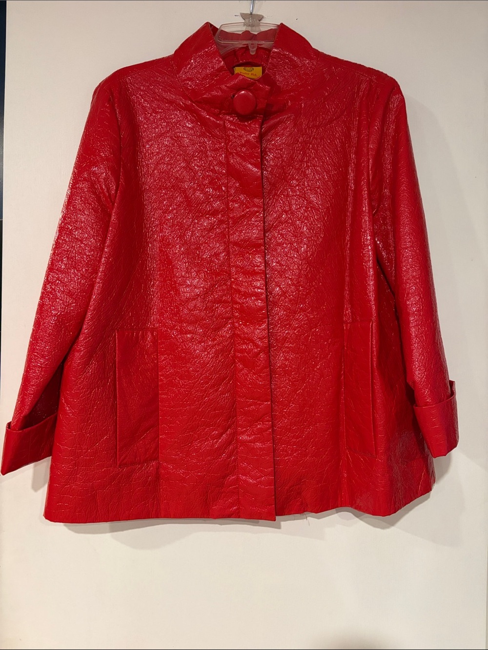 Ruby Rd Shiny Red Crinkle Button Front Funnel Neck Jacket